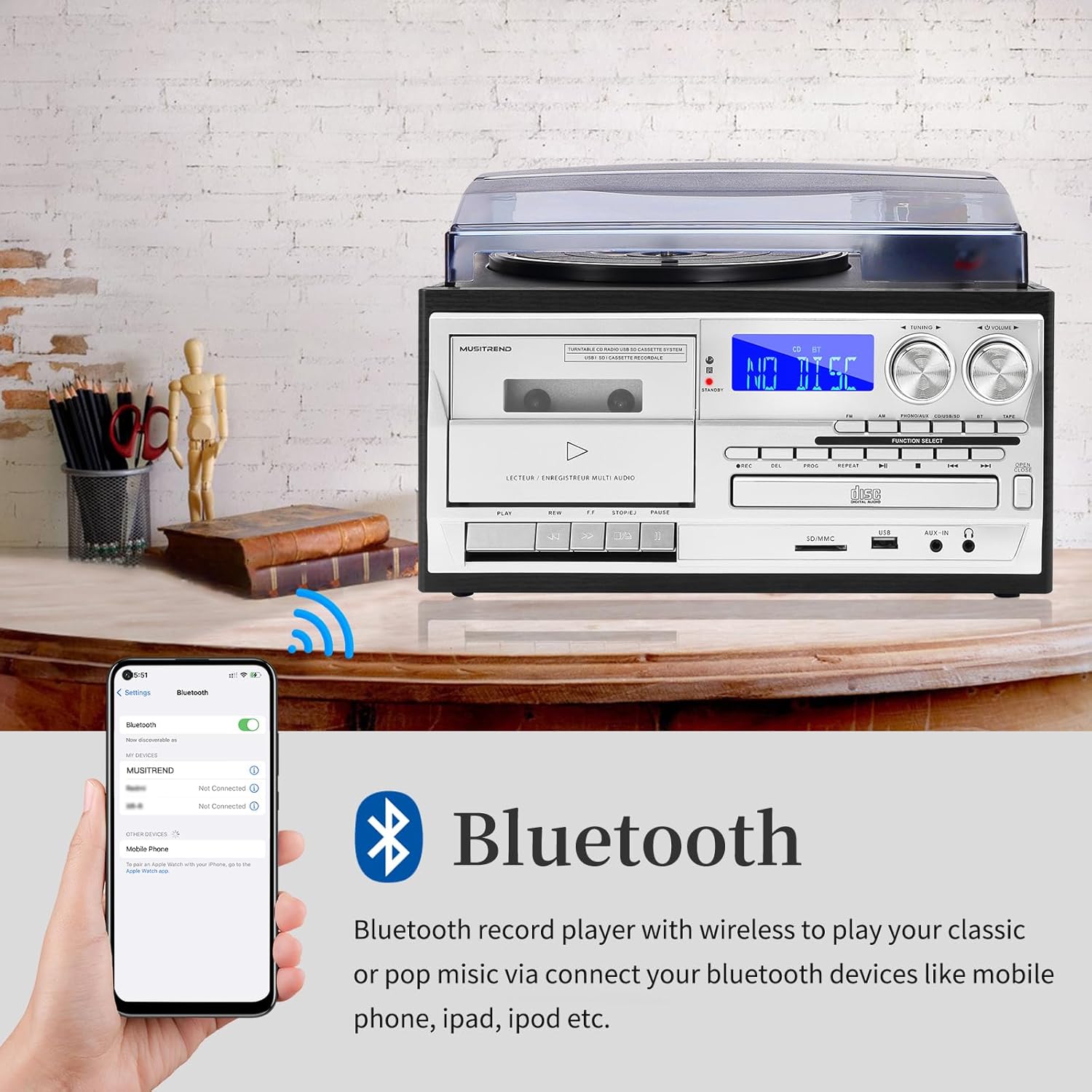 9 in 1 Record Player with External Speakers 3 Speed Bluetooth Turntable Vinyl Player with CD/Cassette Play AM/FM Radio  USB SD/MMC Play  Aux-in/RCA Line Out