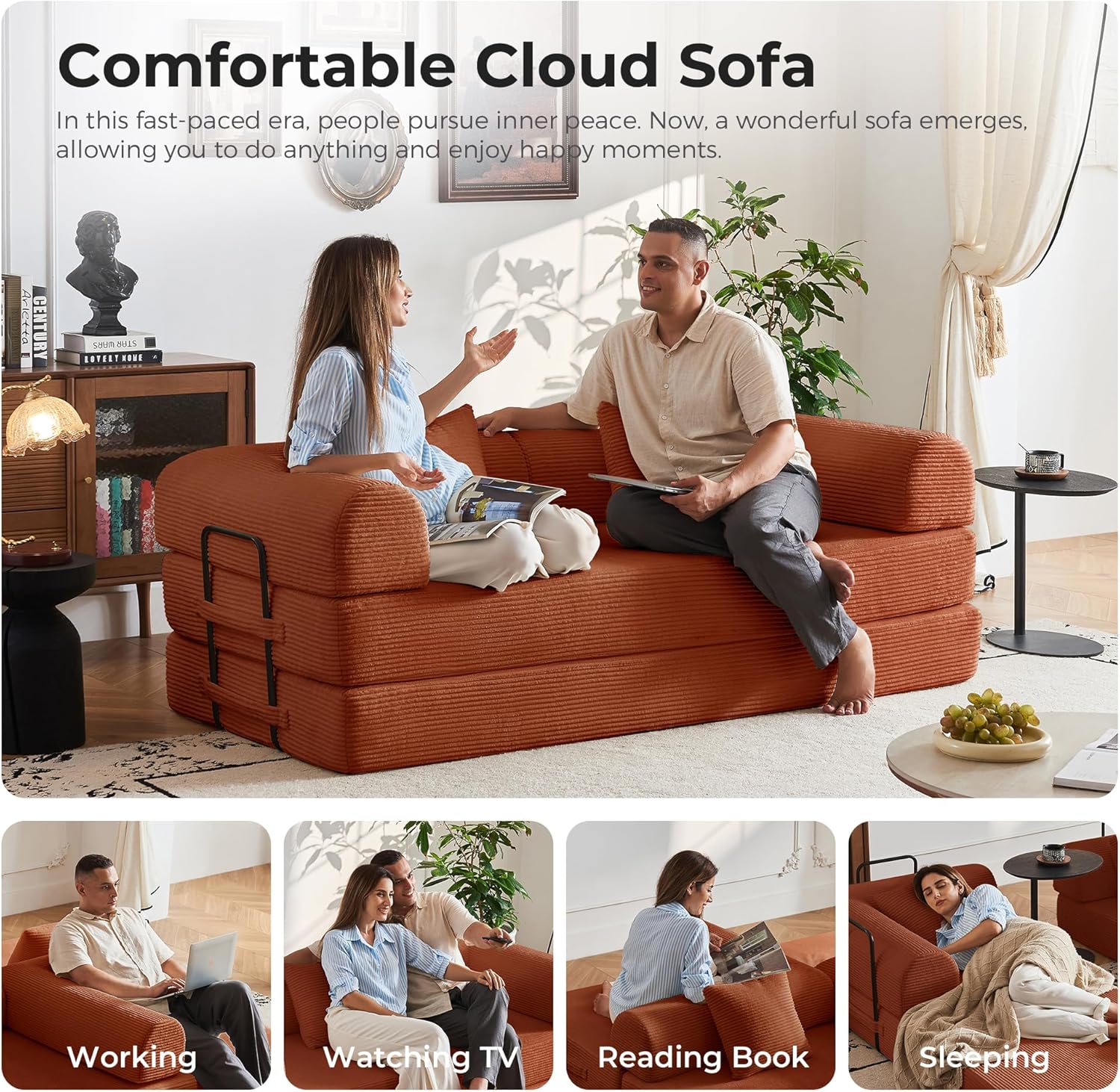 79'' Convertible Sofa Bed, 5-in-1 Folding Corduroy Sleeper Couch with Pull Out Bed, Oversized Modular Floor Sofa, No Assembly, Space-Saving Guest Bed for Apartment Living Room Bedroom (Orange) | Convertible Sofa Bed