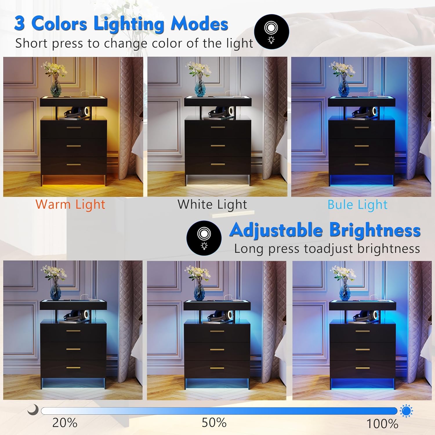 Lvifur 2 Set Nightstands with Wireless Charging Station for Bedroom, Auto Sensor 3 Color Dimmable LED End Table, Modern Bedside Table with 3 Drawers & 3 Open Compartments (2 x Black)