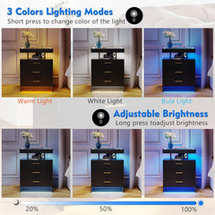 Lvifur 2 Set Nightstands with Wireless Charging Station for Bedroom, Auto Sensor 3 Color Dimmable LED End Table, Modern Bedside Table with 3 Drawers & 3 Open Compartments (2 x Black)