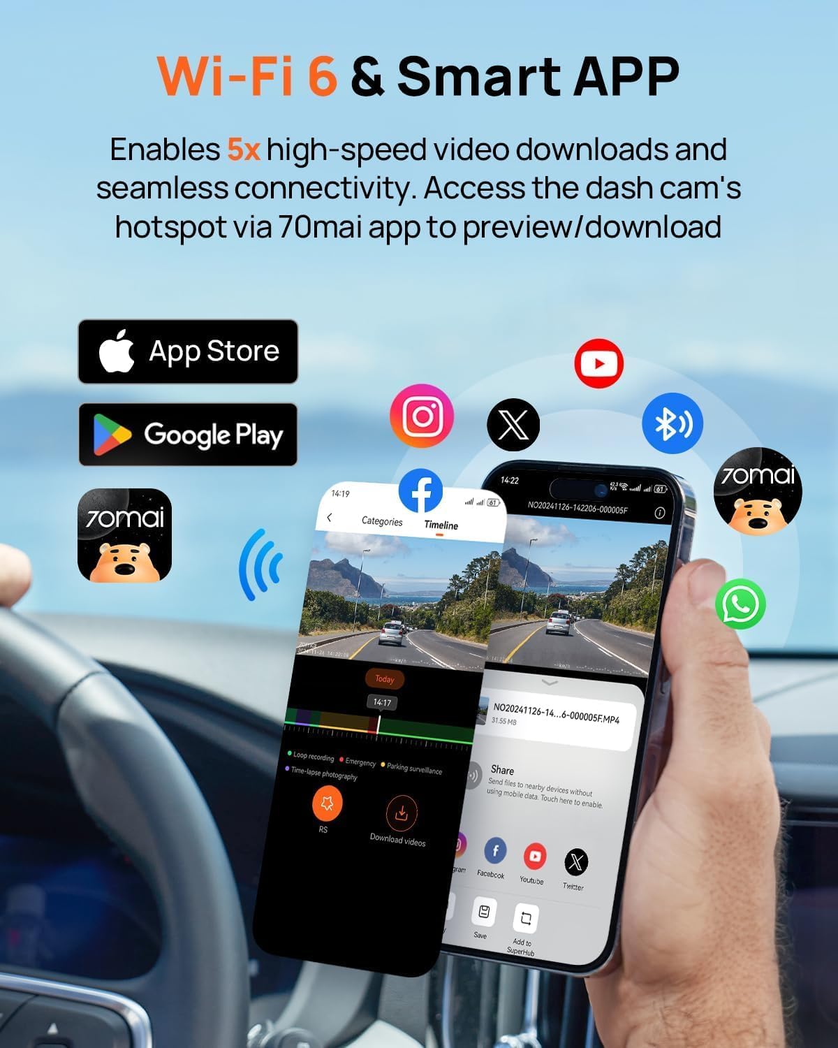 70mai 4K Dash Cam Front and Rear  Built in Wi-Fi 6 & GPS Car Camera  Super Night Vision  ADAS  3'' IPS Screen  24H Parking Mode  Time-Lapse  Loop Recording  with 128GB Card (A800SE)