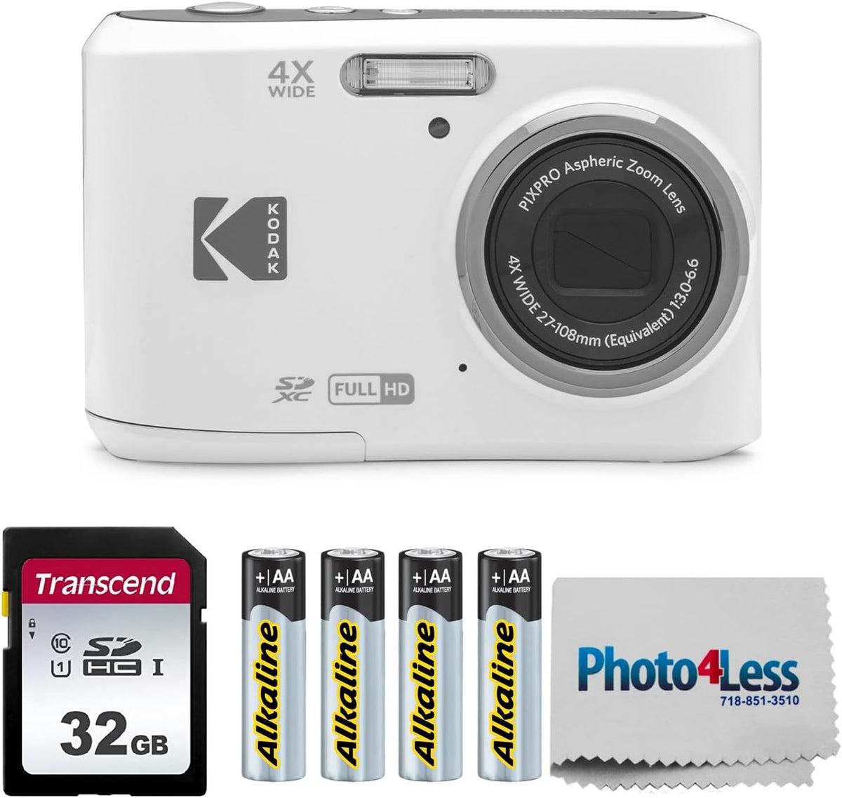KODAK PIXPRO FZ45 16MP Digital Camera with 4X Optical Zoom 27mm Wide Angle and 2.7" LCD Screen Bundle with 32GB SD Memory Card  AA Batteries (4 Pack)  Lens Cleaning Cloth (White)