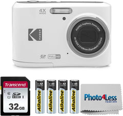 KODAK PIXPRO FZ45 16MP Digital Camera with 4X Optical Zoom 27mm Wide Angle and 2.7" LCD Screen Bundle with 32GB SD Memory Card  AA Batteries (4 Pack)  Lens Cleaning Cloth (White)