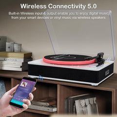 LP&No.1 Record Player with Built-in Stereo Speakers  LED Control  3-Speed Belt-Drive Vinyl Turntable with USB Playback & Recording  Wireless BT Input & Output  Auto Stop  Pitch Control | White Pearl