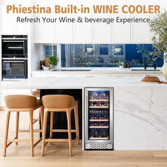 Phiestina 29 Bottles Wine Fridge, 15 Inch Dual Zone Wine Cooler Refrigerator Under Counter Cooling with Digital Memory, Auto Defrost Built-in/Freestanding