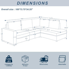 100“ L Shaped Couch with Reversible Chaise Sectional Sofa Corner Couches for Living Room,Apartment and Compact Spaces (Grey)