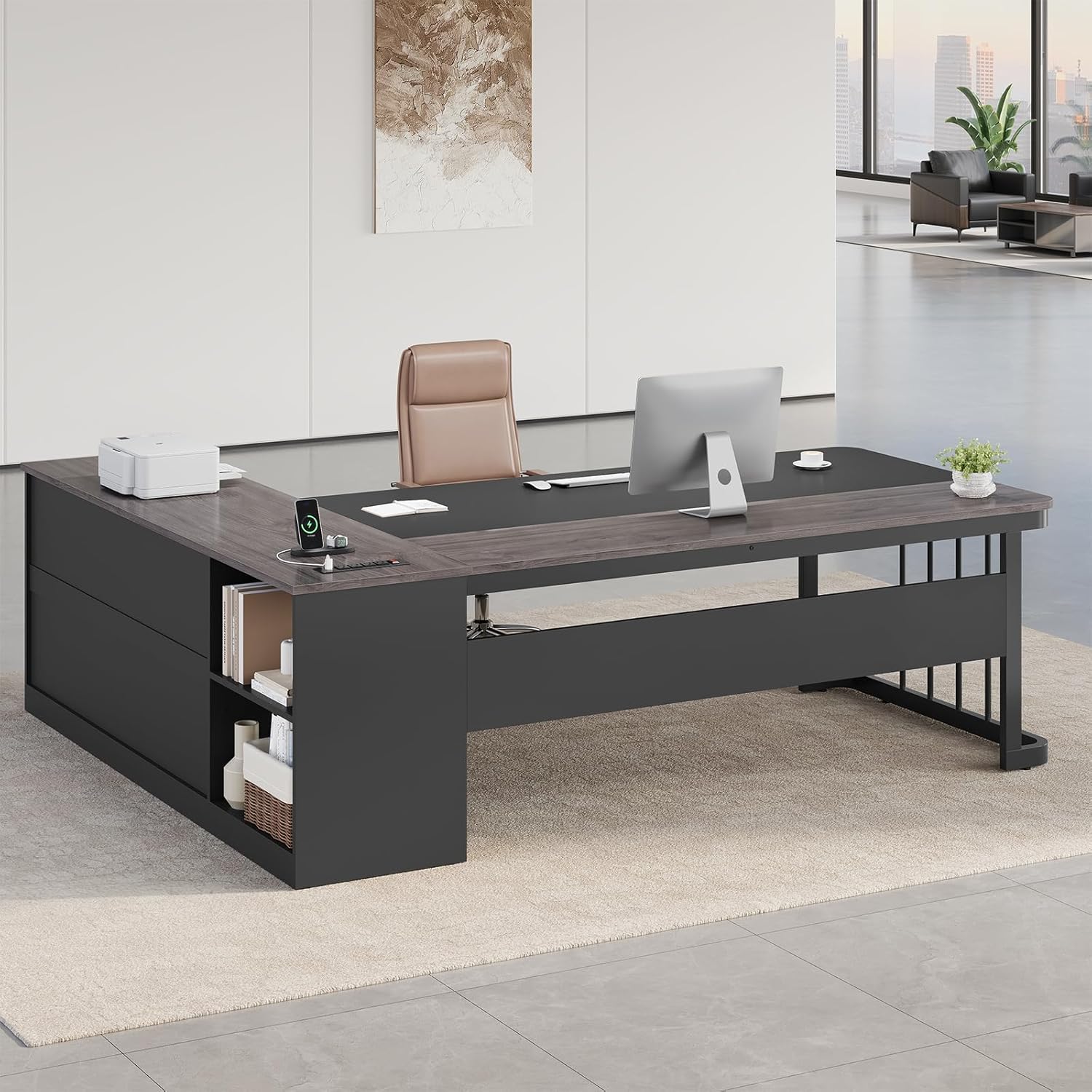71" Executive Desk, Large Office Desk with Drawers & Storage Shelves, Modern L Shaped Computer Desk Corner Desk with Power Outlets, File Cabinet, Business Furniture Desk Workstation (Grey)