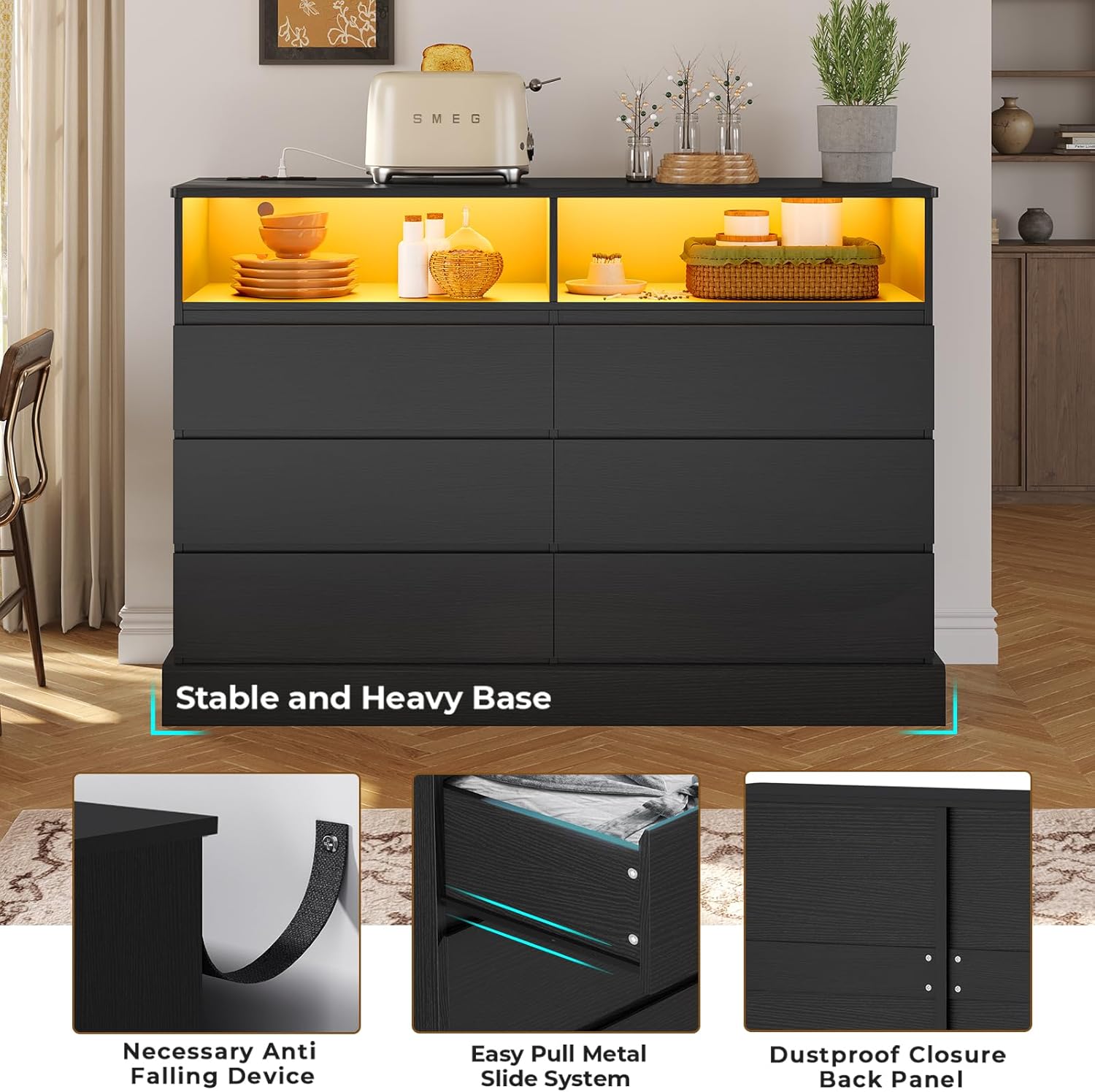 Hasuit Black Dresser for Bedroom with LED Lights and Charging Station, 51.2" Long Dressers Chest of Drawer with Large Drawers and Open Space, Modern 6 Drawer Dresser for Bedroom, Living Room, Entryway