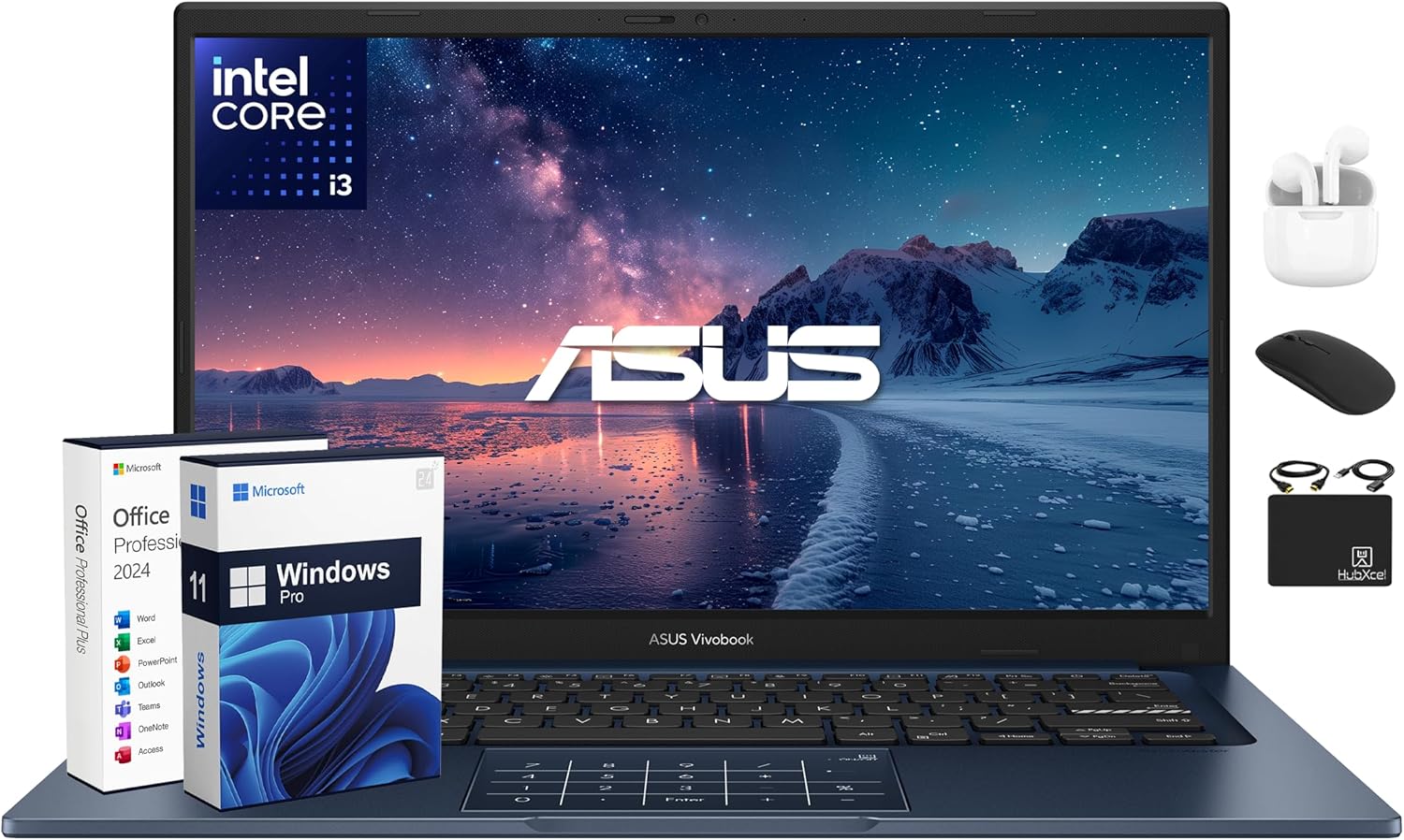 ASUS Vivobook 14" FHD Laptop for for Student Business 2025  AI-Powered Computer  6-Core Intel i3  16GB RAM & 1TB Storage (512GB SSD + 500GB Ext)  HubxcelAccessory  WiFi  Win 11 Pro  Lifetime MS Office