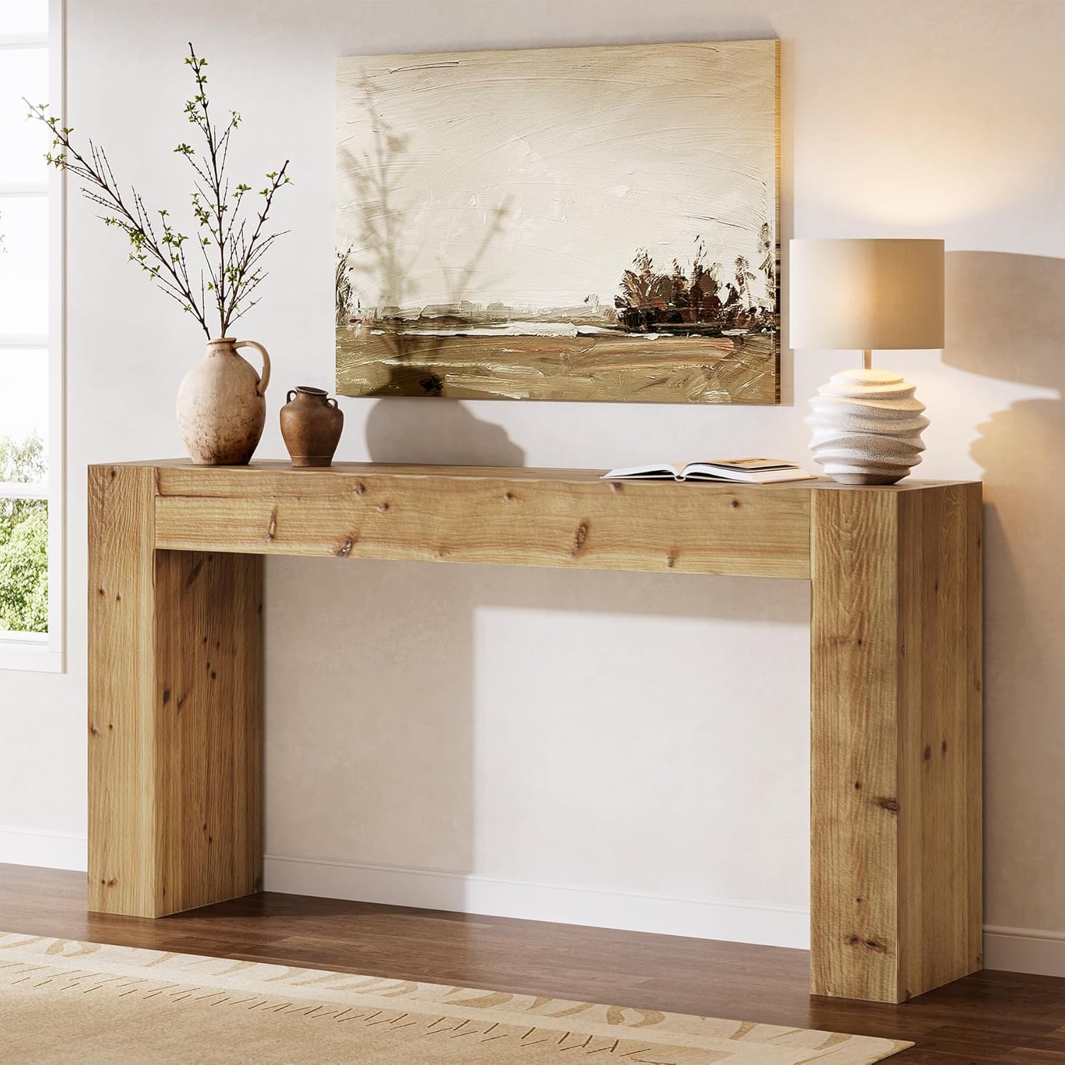 Solid Wood Console Table, 63-Inch Farmhouse Sofa Table Behind Couch for Entryway, Living Room, Foyer, Easy Assembly (Light Wood)