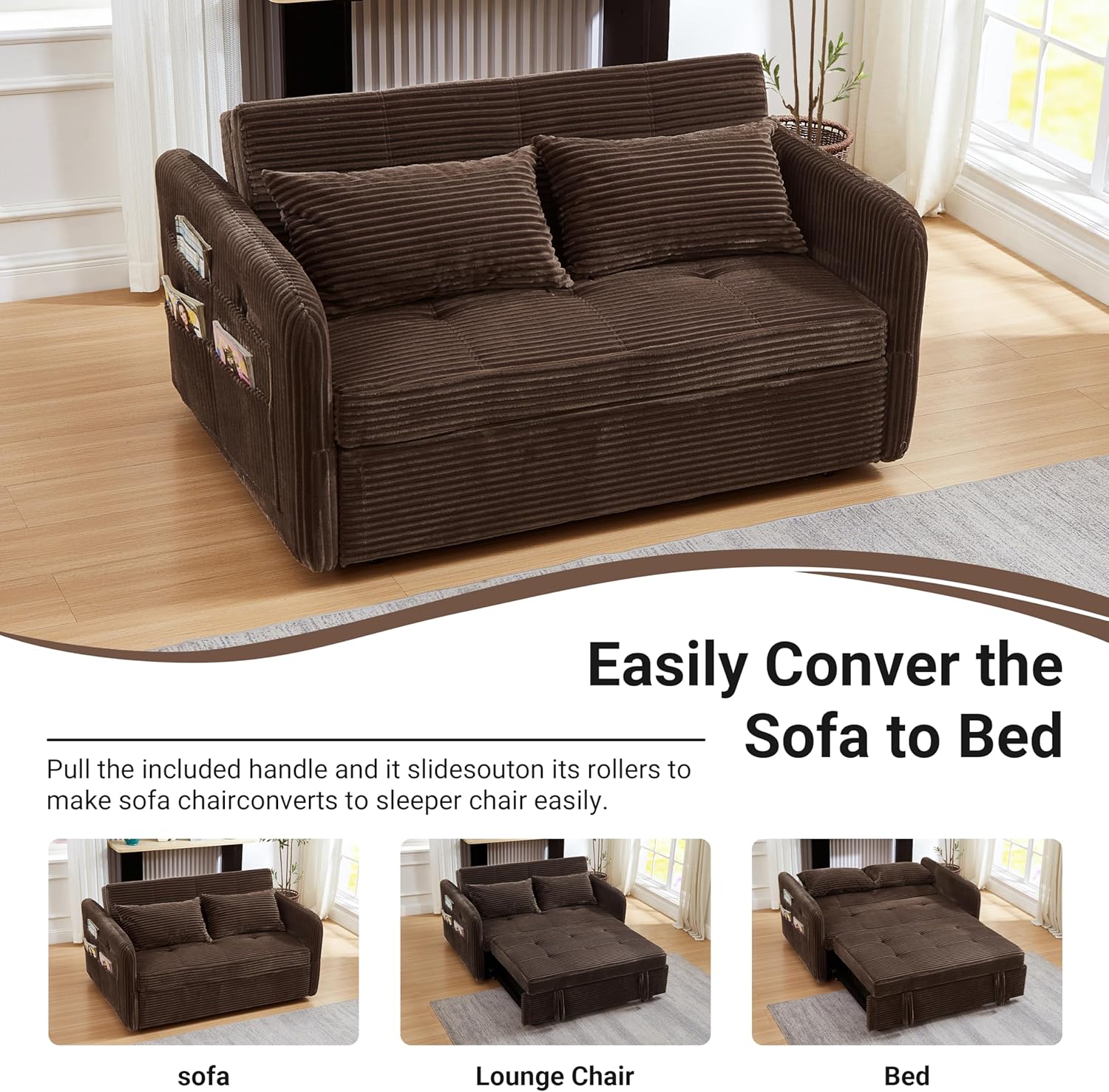 55.5" Corduroy Convertible Sofa Bed, Pull Out Sleeper Sofa Bed, Loveseat Couch with USB Charging Ports, 3 in 1 Convertible Sleeper Sofa Bed for Living Room, Apartment, Bedroom, RV, Beige