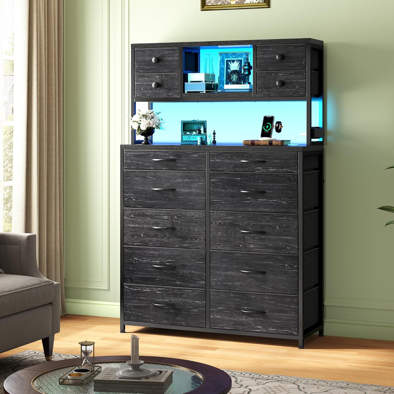 62“H Dresser for Bedroom with Large Drawers,Dressers & Chests of Drawers with LED Lights & Charging Station,Sturdy Bedroom Dresser with Open Storage Shelves, Wood Top,Steel Frame(Black)