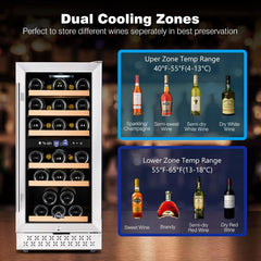 Tylza Mini Fridge 15 Inch Wine Cooler Under Counter, 30 Bottles Dual Zone Wine Fridge with Safty Lock, Wine Refrigerator Freestanding, Built-in Wine Cellars