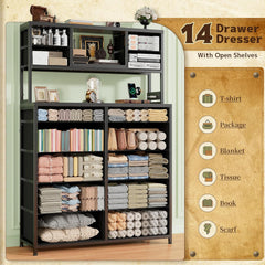 62“H Dresser for Bedroom with Large Drawers,Dressers & Chests of Drawers with LED Lights & Charging Station,Sturdy Bedroom Dresser with Open Storage Shelves, Wood Top,Steel Frame(Black)