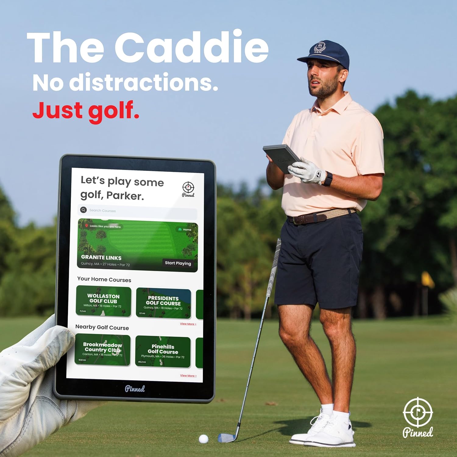 Pinned Golf Portable GPS Tablet - The Caddie - Magnetic  Weatherproof  Touchscreen  FCB Distances - Golf Caddy 45 000 Course Maps - Gifts for Men - Gray