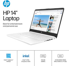 HP 14" Ultra Light Laptop for Student & Home (Intel Quad-Core N4120  4GB RAM  128GB(64GB + 64GB SD)  1-Year Office 365) 11-Hr Long Battery Life  Webcam  WiFi  Win 11 Home in S Mode - Snow White