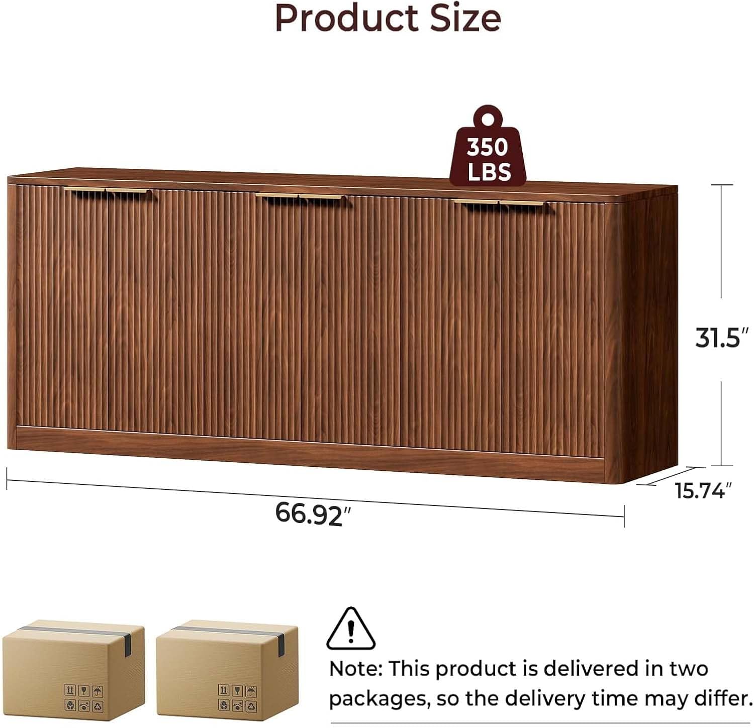 Evermagin 67" Fluted Walnut Sideboard Buffet Cabinet with 3 Drawers, Modern Credenza with Storage, Console Coffee Bar Cabinet for Kitchen, Living Room and Entryway (67" W x 31.5" H x 15.7" D)