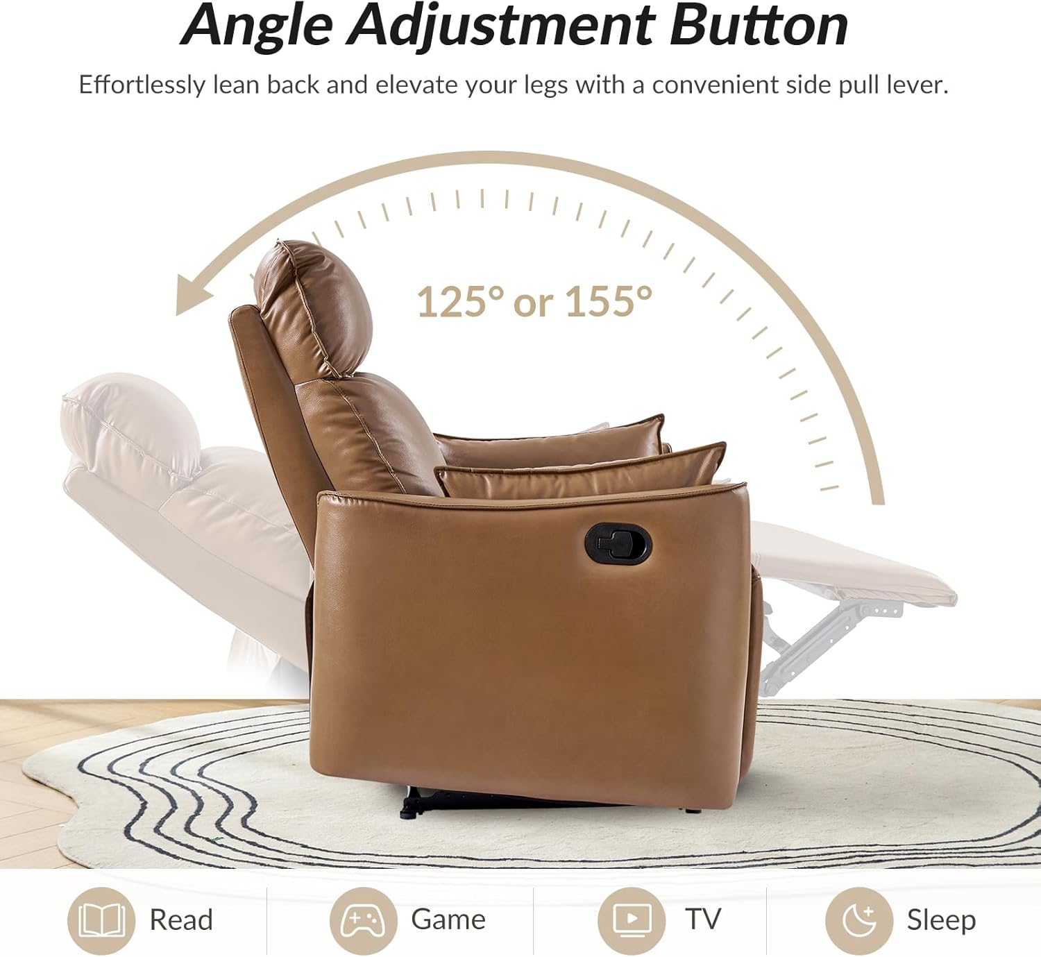 HULALA HOME Faux Leather Oversized Recliner Chair, Manual Pushback Recliner with Extra Wide Seat and Thick Padded Backrest for Living Room, Camel