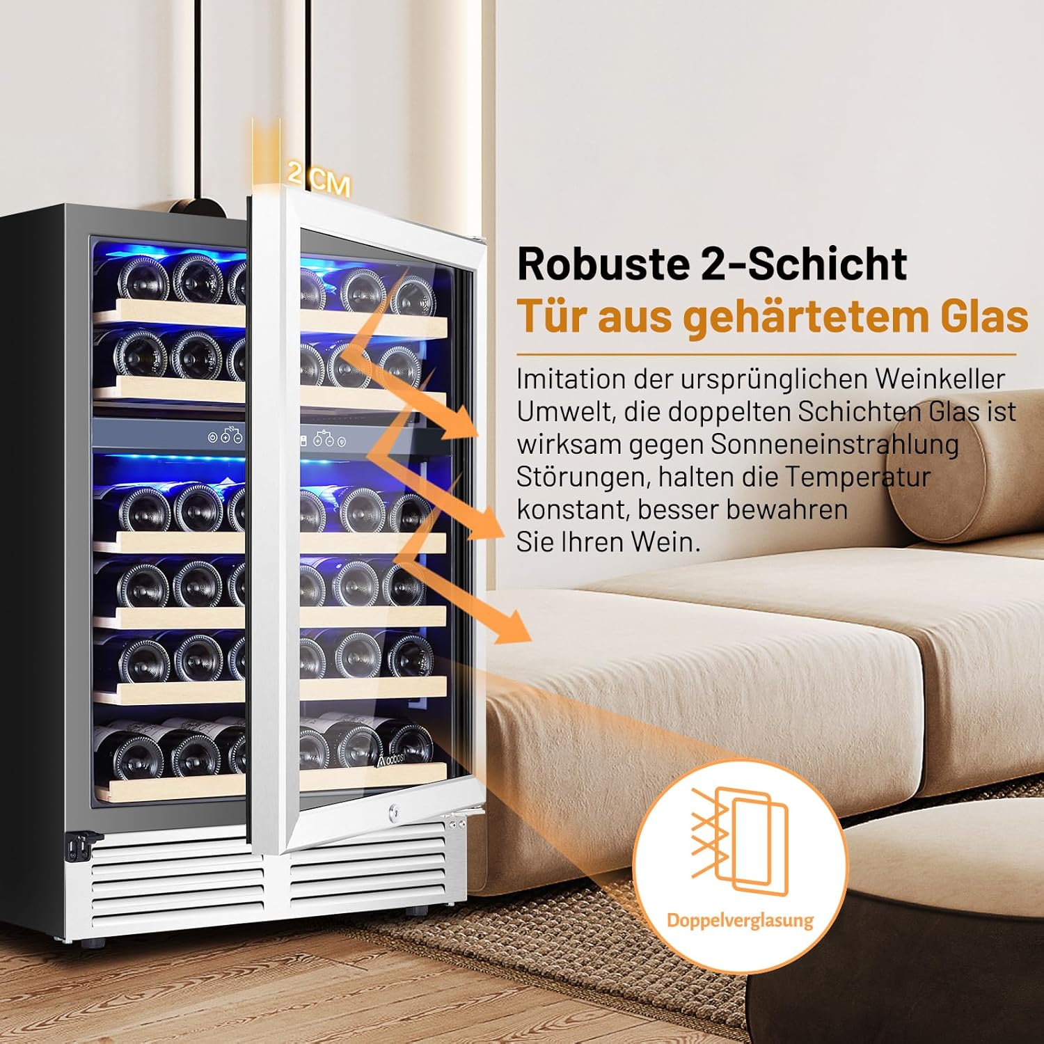 AAOBOSI 24 Inch Wine Cooler,46 Bottle -Dual Zone Built-in or Freestanding with Blue LED Light and Adjustable Shelves for Home,Kitchen or Office.