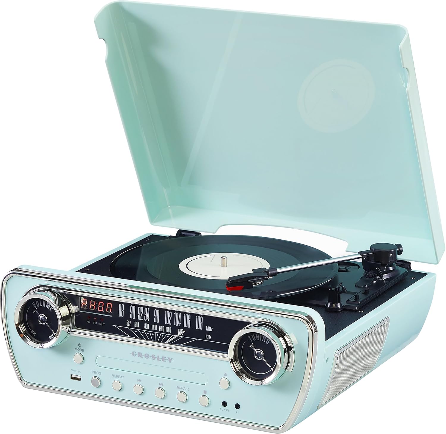 Crosley CR6047A-AB Powel 7-in-1 Bluetooth in/Out Vinyl Record Player with AM/FM Radio  CD Player  and Aux-in  Aqua Blue