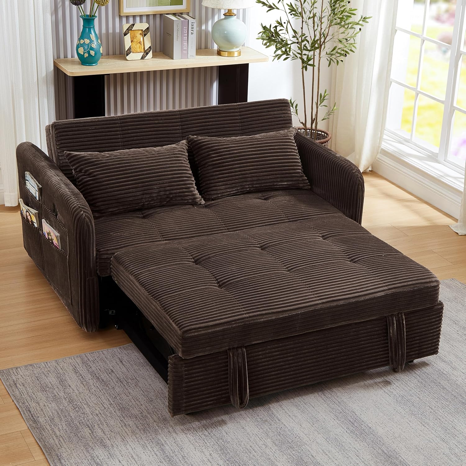 55.5" Corduroy Convertible Sofa Bed, Pull Out Sleeper Sofa Bed, Loveseat Couch with USB Charging Ports, 3 in 1 Convertible Sleeper Sofa Bed for Living Room, Apartment, Bedroom, RV, Beige