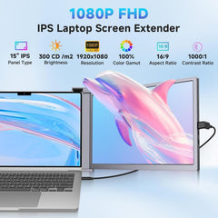 Laptop Screen Extender  15" 1080P IPS FHD Triple Monitor for 15"-17.3" Laptops  Plug & Play Portable Monitor Extender with USB-C/HDMI/USB-A for Mac/Windows/Chrome/Android Gray