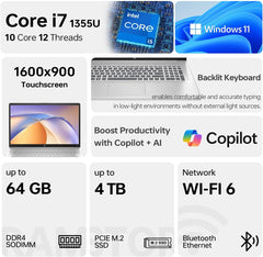 HP 17 Laptop  17.3" HD+ Touchscreen Display  12th Gen Intel Core i7-1255U  64GB RAM  2TB SSD  Webcam  HDMI  SuperSpeed USB Ports  Wi-Fi 6  Windows 11 Home  Silver
