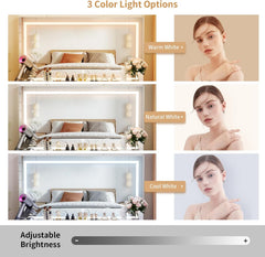 VOWNER Vanity With Lighted Mirror - Makeup Desk With Power Outlet and 9 Drawers, 3 Color Lighting Modes Adjustable Brightness, 43" Table With Soft Cushioned Stool for Bedroom, White