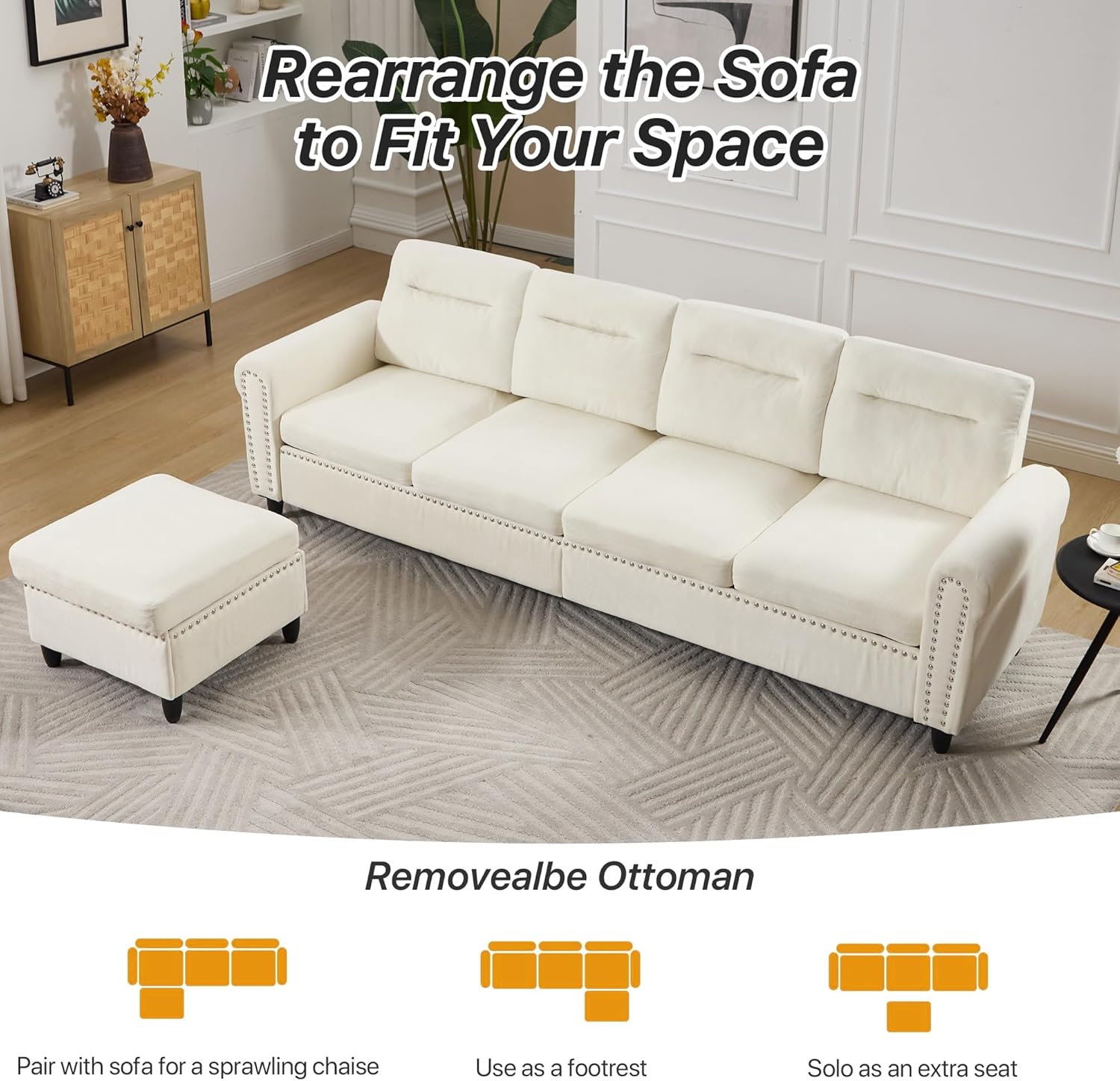 Westice 106" Modular Sectional Sofa with Movable Ottoman, Deep-Seat L-Shaped Couch, 4-Seater Modern Sofa for Living Room, Bedroom, or Apartment (Beige)
