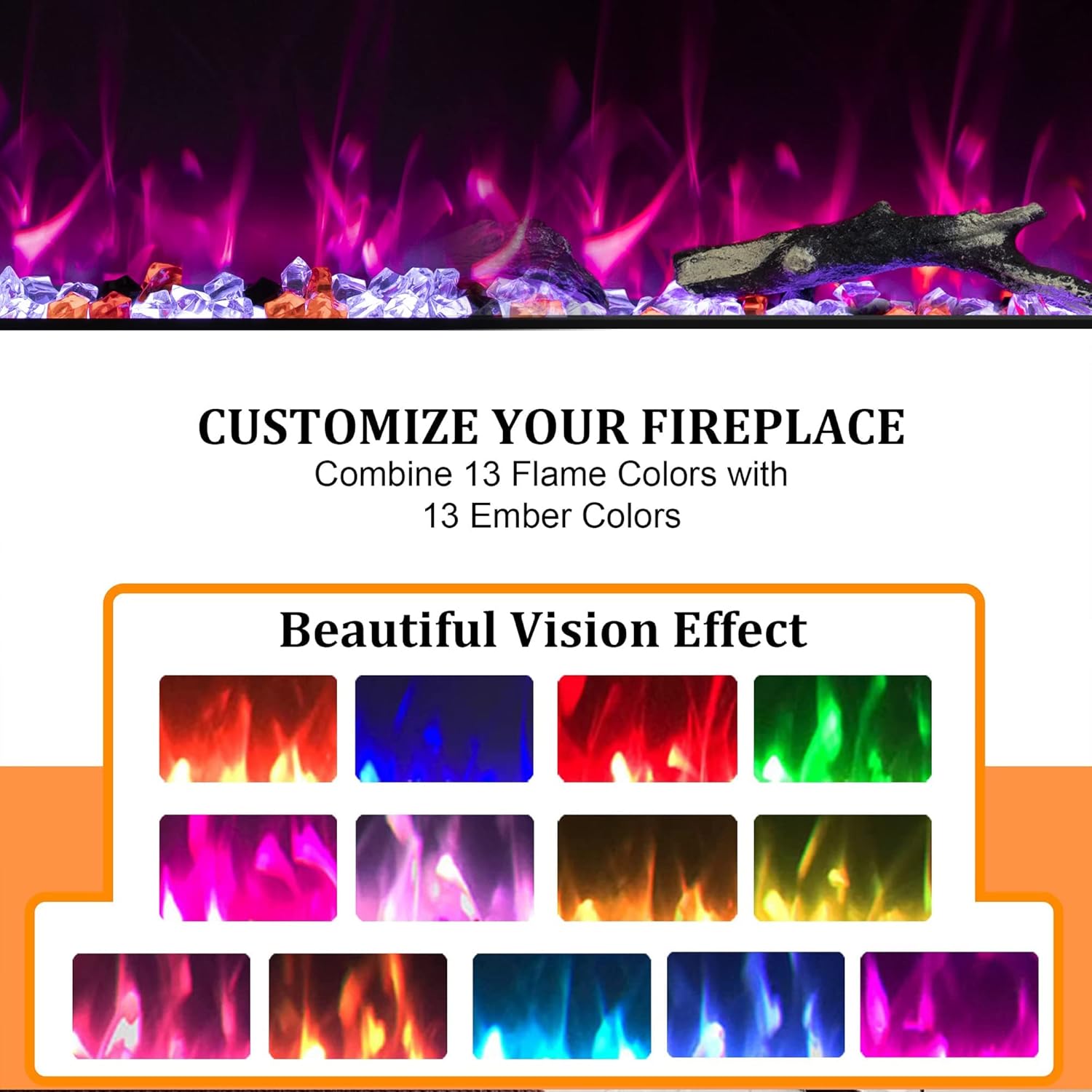 72inch Electric Fireplace in Wall Recessed and Wall Mounted Fireplace Electric, 13 Flame Colors, Realistic Logs & Crystals Fuel Bed, Adjustable Temperature and Timer, 750W/1500W, Black
