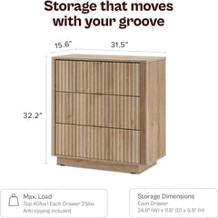 mopio Brooklyn 3 Drawer Dresser for Bedroom, Chest of Drawers, Wood Fluted Dresser Organizer, Modern Farmhouse, Tall Night Stand, Enhanced Safety, Sturdy Compliant (Oak)