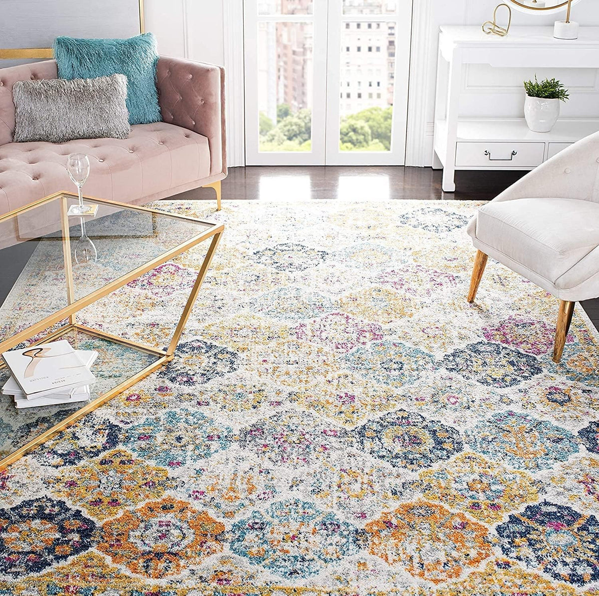 SAFAVIEH Madison Collection Area Rug - 12' Square, Cream & Multi, Boho Chic Distressed Design, Non-Shedding & Easy Care, Ideal for High Traffic Areas in Living Room, Bedroom (MAD611B)