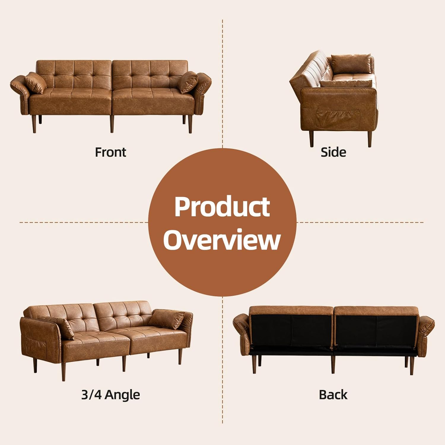 85” Futon Sofa Bed, Sleeper Sofa, Small Couch with Storage Adjustable Armrests Pillows, Faux Leather Loveseat, Mid Century Modern Couches for Living Room, Bedroom, Apartment, Brown