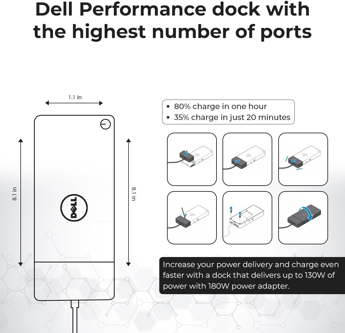 Dell WD19S Docking Station Dual Monitor Bundle - 180W  Supports 4K Display  Dell Dock with 180W Power Supply + Anyhdd 4K HDMI Cable + 4K DisplayPort Cable + USB-C Cable + Microfiber Cloth Included