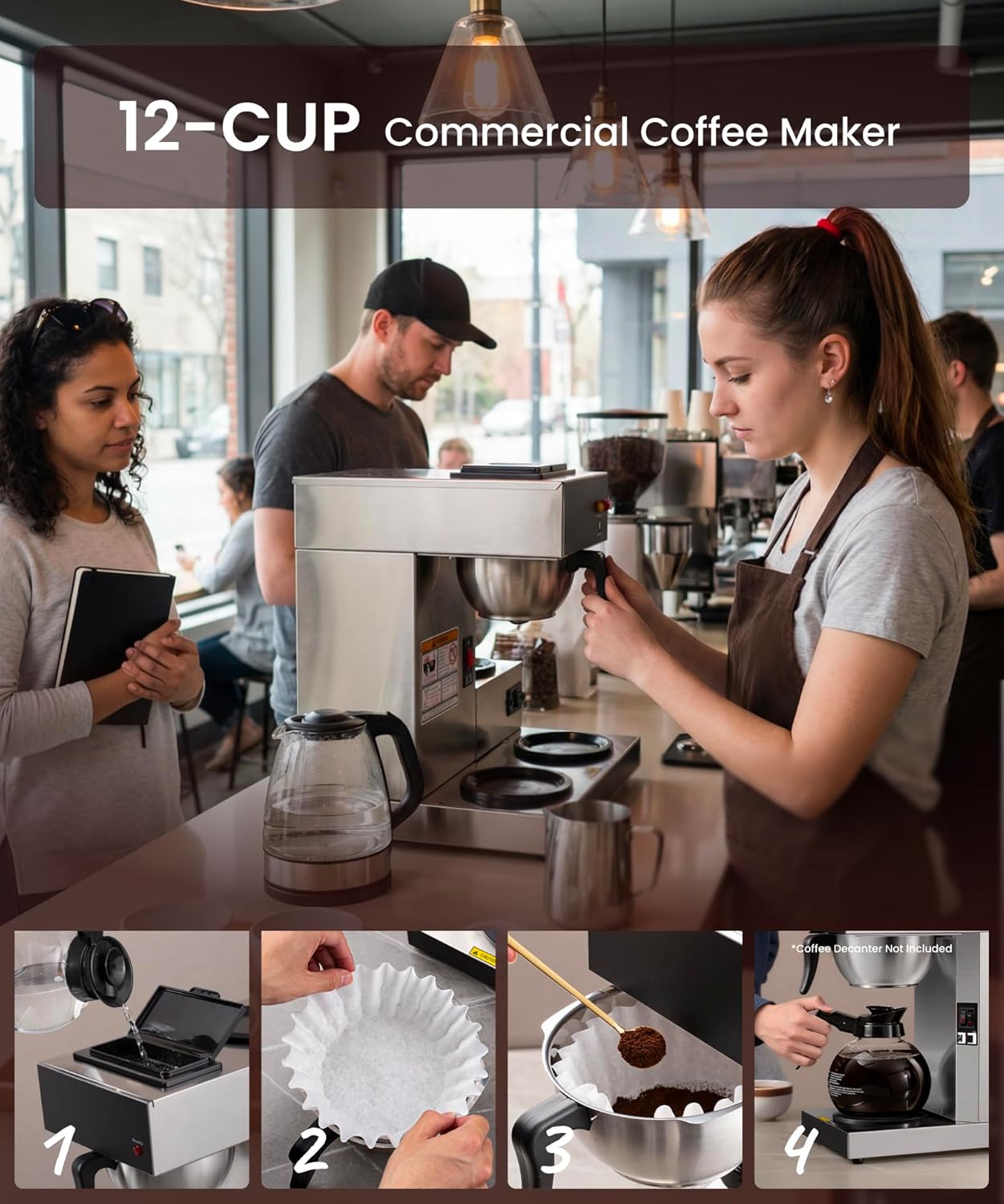 SYBO Commercial Coffee Maker 12 Cup, Pour Over Drip Coffee Maker Brewer with 3 Lower Warmers, Stainless Steel Cafetera
