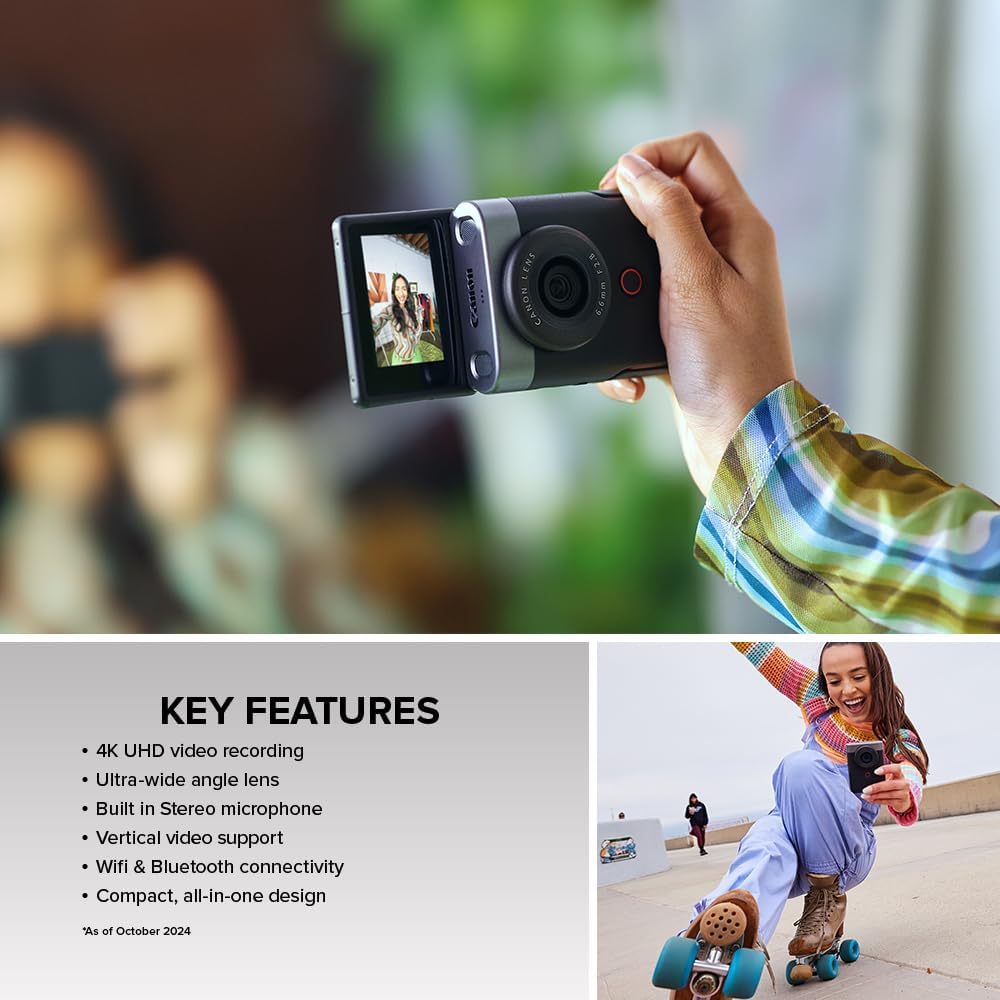 Canon PowerShot V10 Compact Vlogging Camera  1" CMOS Sensor  4K Video Streaming  Built‑in Wide‑Angle Zoom Lens  Flip‑LCD & Stereo Mic  Image Stabilization  Creator Studio in Your Pocket  Black