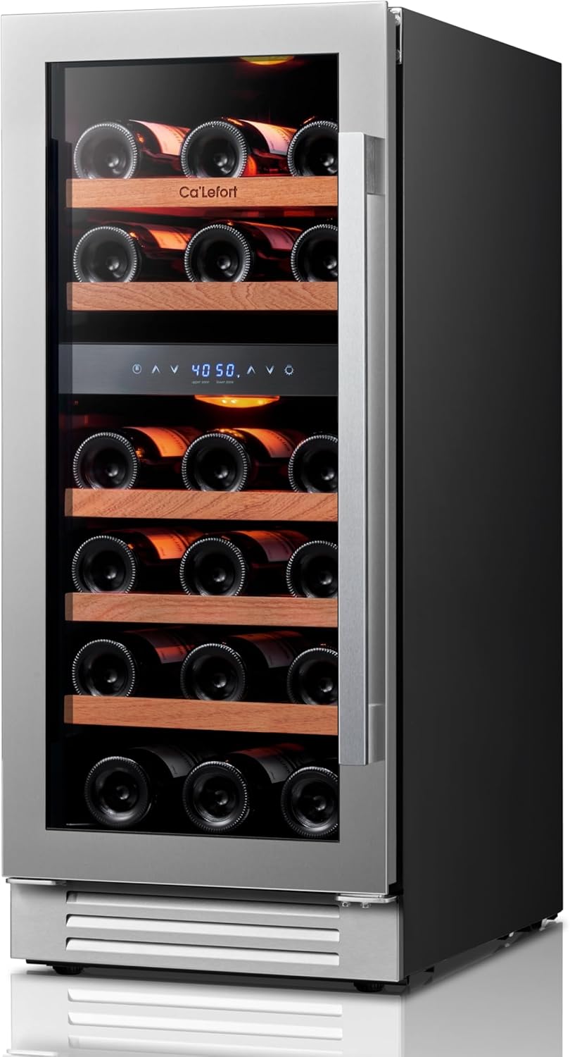 Ca'Lefort 15 Inch Wine Fridge & Cooler - Dual Zone 28 Bottles Wine Cooler with Glass Door, Small Wine Refrigerator with 3 LED Light Built-in for Home Bar Kitchen Left-Hinged Door (3.0 cu.ft)