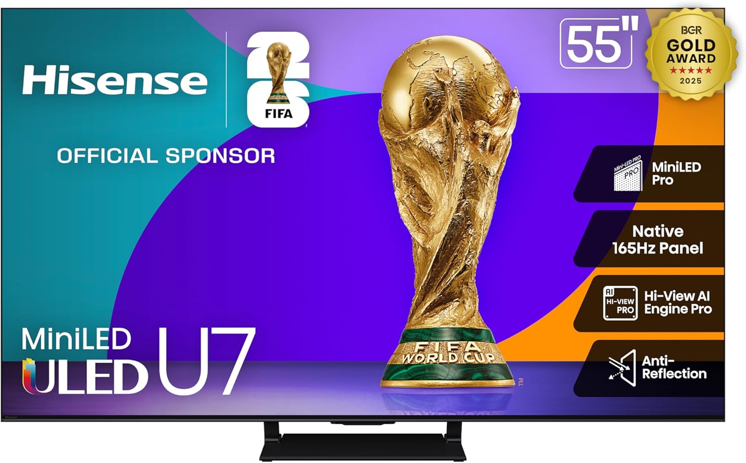 Hisense 55" U7 Mini-LED ULED 4K UHD Best Premium Gaming Google Smart TV (55U75QG  2025 Model) - QLED  Native 165Hz  VRR 288  Up to 3000 Nits  HDR10+  Dolby Vision IQ · Atmos  IMAX Enhanced  2.1.2 Ch
