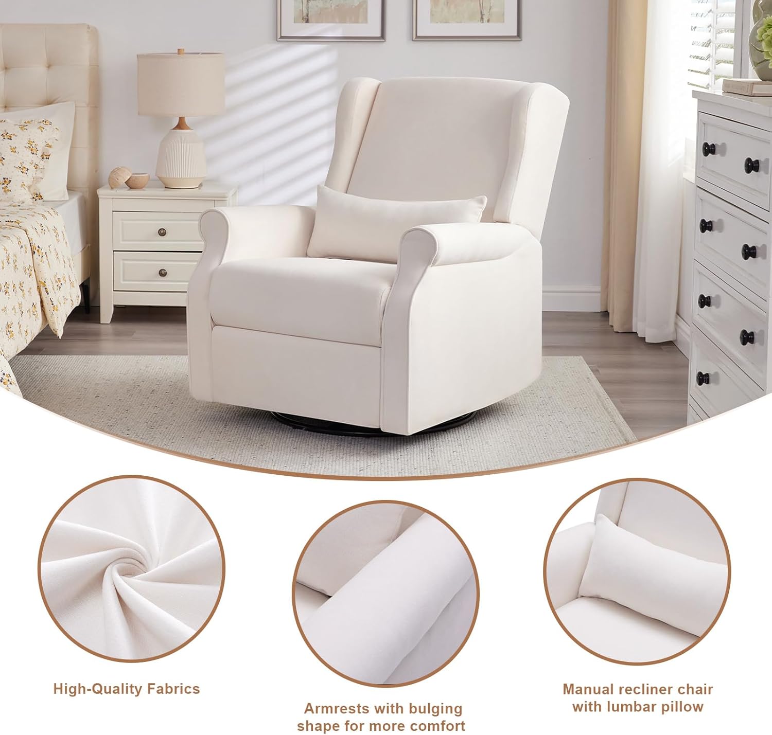 Nursery Swivel Glider Recliner,Rocking Chair Nursery with Footrest,Rocking Recliner Chair for Nursery,Glider Rocker Recliner for Living Room & Bedroom,Beige
