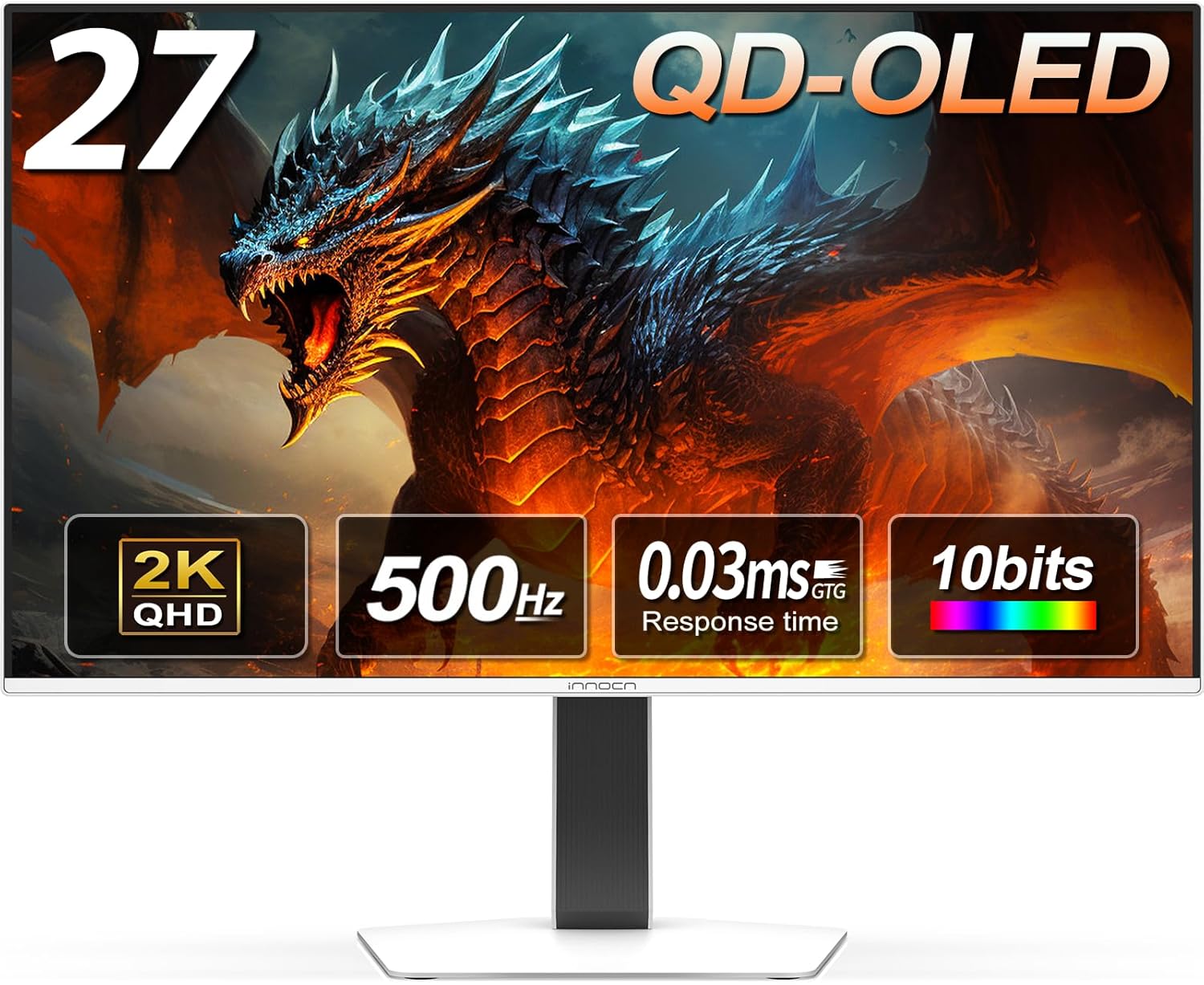 INNOCN 27" OLED 2K QHD 2560 x 1440p 500Hz Gaming Monitor  Gaming Console Ready  VRR  G-SYNC Compatible  HDR 500  0.03ms  FPS/RTS  HDMI 2.1  DP  Speaker  Pivot Adjustable Stand - GA27M1Q