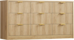 TEENFON Fluted Dresser for Bedroom with 9 Drawers, 63" Wide Modern Chest of Drawers with Metal Handle & Curved Profile Design, Wood Closet Clothes Storage Organizer for Living Room, Hallway, Natural