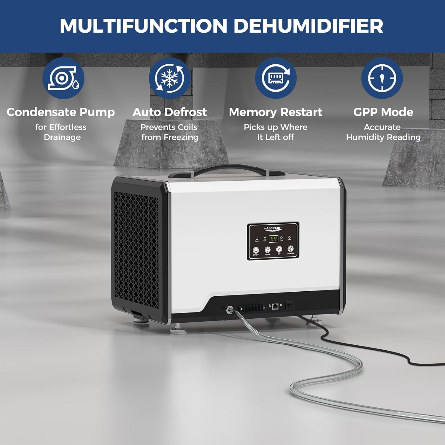 ALORAIR 120 PPD Commercial Dehumidifier with Pump, Crawl Space Dehumidifier for Up to 1,500 Sq. Ft., Portable Industrial Water Damage Unit for Basement, Home, Garage, Attic, 5-Year Limited Warranty