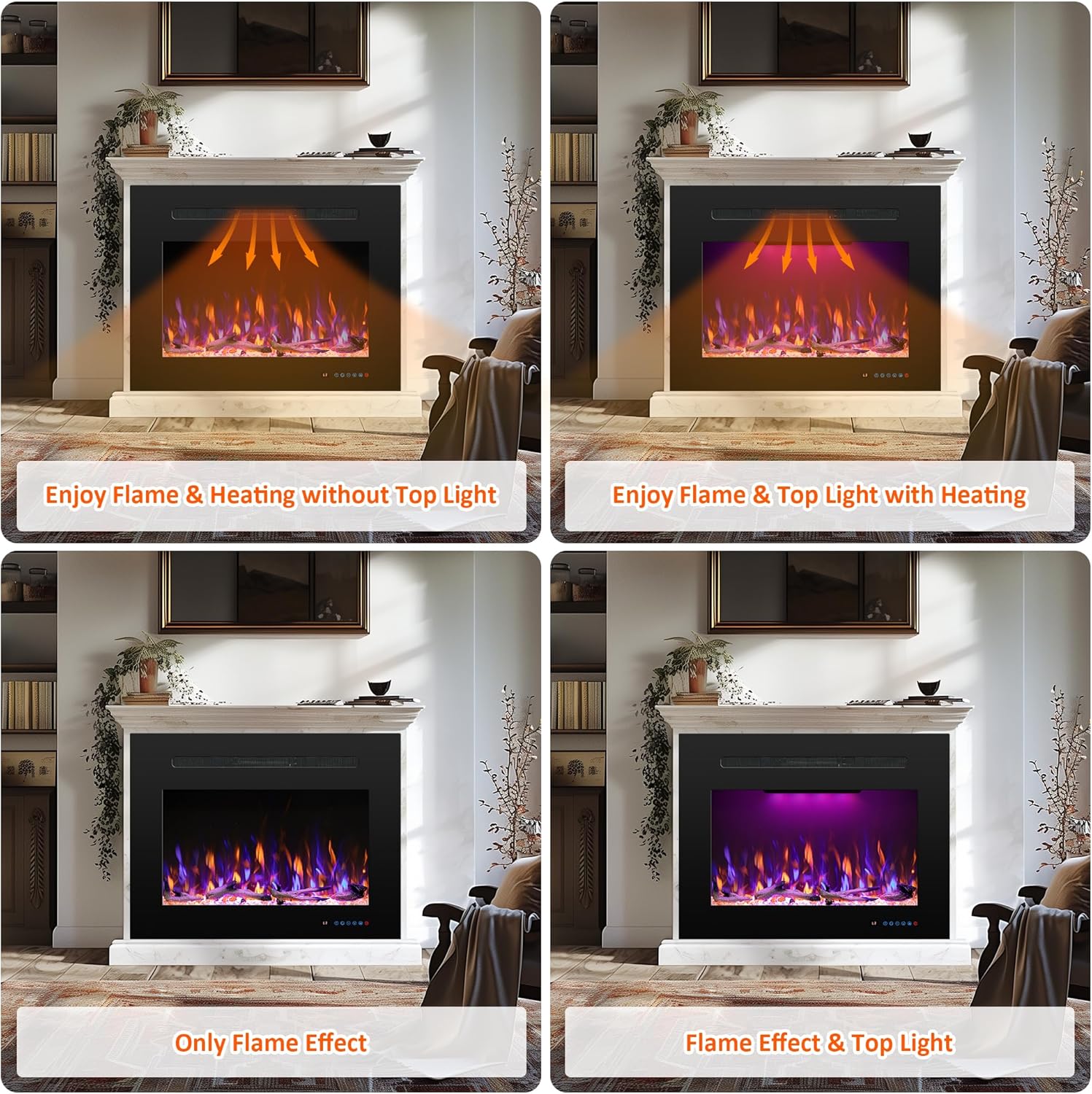 Electric Fireplace Inserts with 3 Flame & Top Light Color, Recessed Fireplace Heater with Thermostat, 750/1500W, Crackling Sound, Logs & Crystals, Timer, 32.2" W x 19.6" H Rear