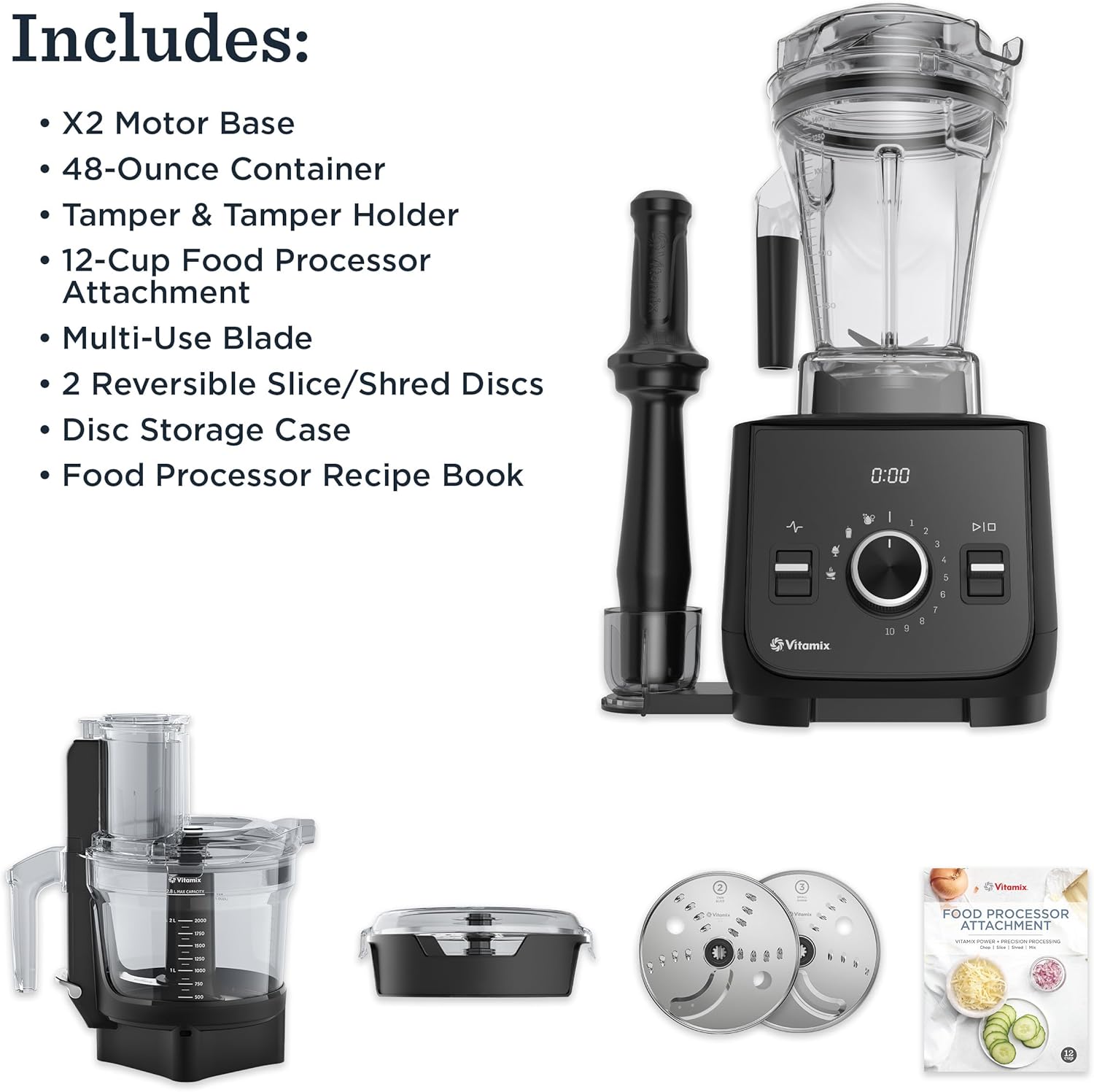 Vitamix Ascent X2 SmartPrep Kitchen System, Professional-Grade Blender, Stainless-Steel Blades, 12-Cup Food Processor Attachment, 48 Oz Blender Container, Black
