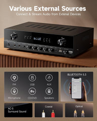 Donner Stereo Receivers  5.1 Channel Audio Amplifier with Bluetooth 5.3  Optical/Coaxial  USB  FM  2 Mic-in  Echo  RCA  AC-3 Input for Home  Karaoke  Theater Speakers  60W/4R & 25W×3 RMS  MAMP4