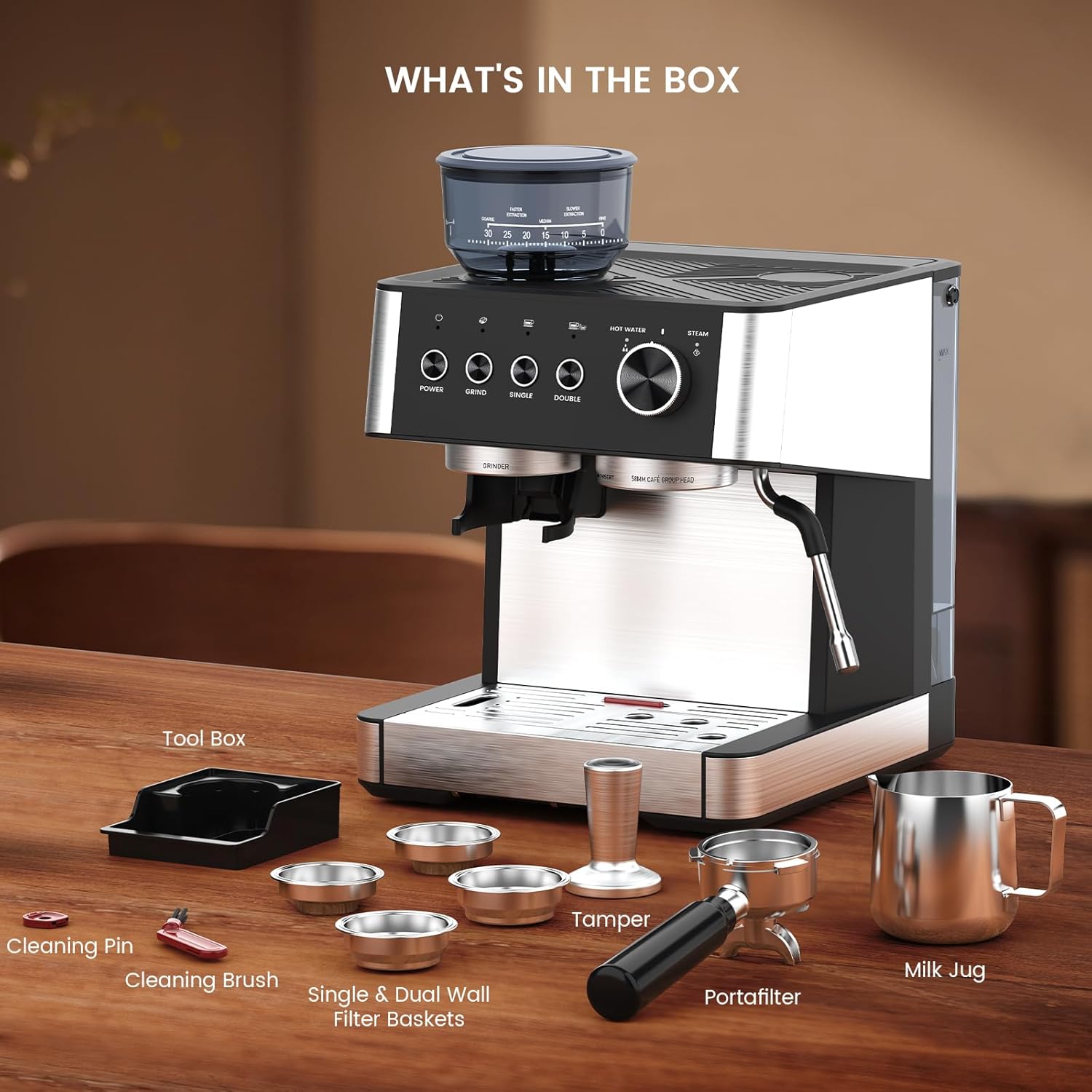 Espresso Machine 15 Bar with Built-in Anti-Clog Coffee Grinder,Stainless Steel Coffee Maker with 77.8 oz Removable Water Tank for Cappuccino/Latte,Home&Office,Black