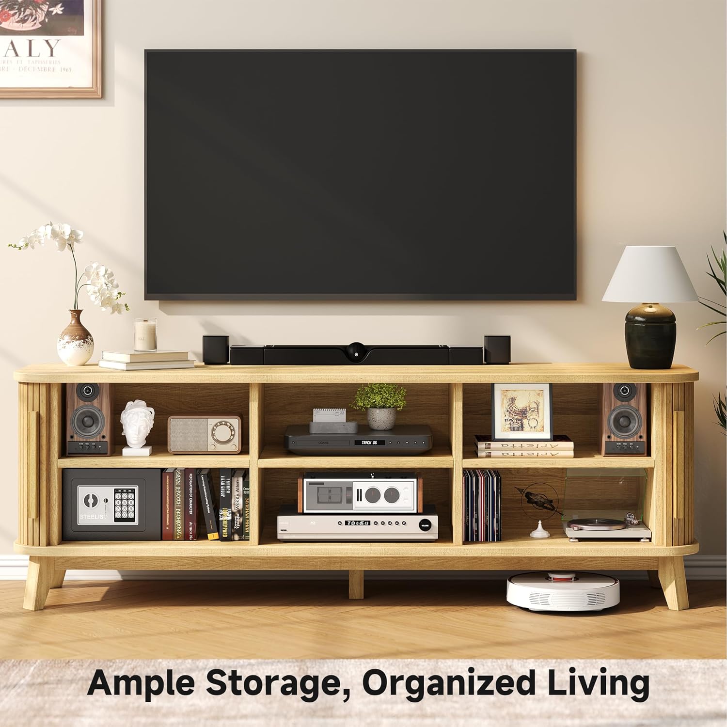 66" TV Stand for TVs up to 80", Mid-Century Modern Entertainment Center, TV Console with Storage Cabinet and Adjustable Shelves, Wood Curved Media Console with Sliding Door for Living Room,Natural Oak