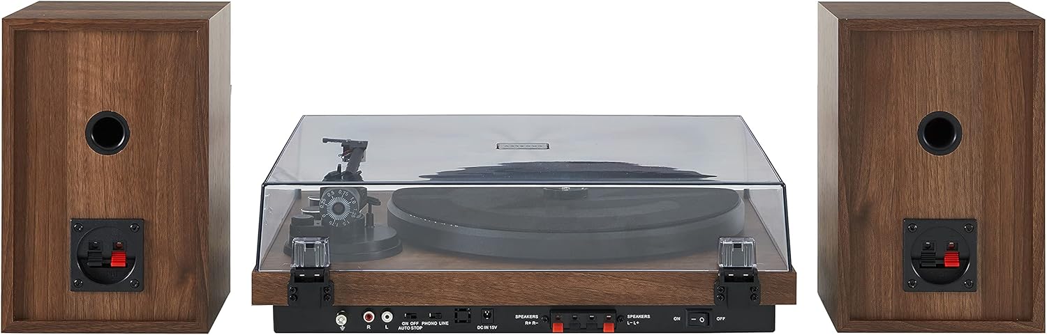 Crosley C62C Turntable HiFi System Record Player with Speakers  Adjustable Tonearm  Moving Magnet Cartridge  Bluetooth Receiver  40W Per Channel  and Anti-Skate  Walnut