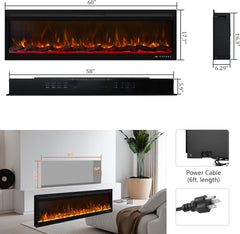 60 Inch Smart WiFi Infrared Electric Fireplace Realistic Flame, 169 Flame Color Combinations,App/Remote Control, Logs & Crystals,750W/1500W Heater, Black