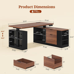 L Shaped Standing Desk Adjustable Height, 53" Electric Office Desk with File Drawers & Storage Shelves, Sit Stand Corner Computer Desk with Power Outlets, Pegboard, 6 Hooks, Black & Walnut